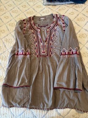 Johnny Was Olive Tunic with Red and Cream Embroidery